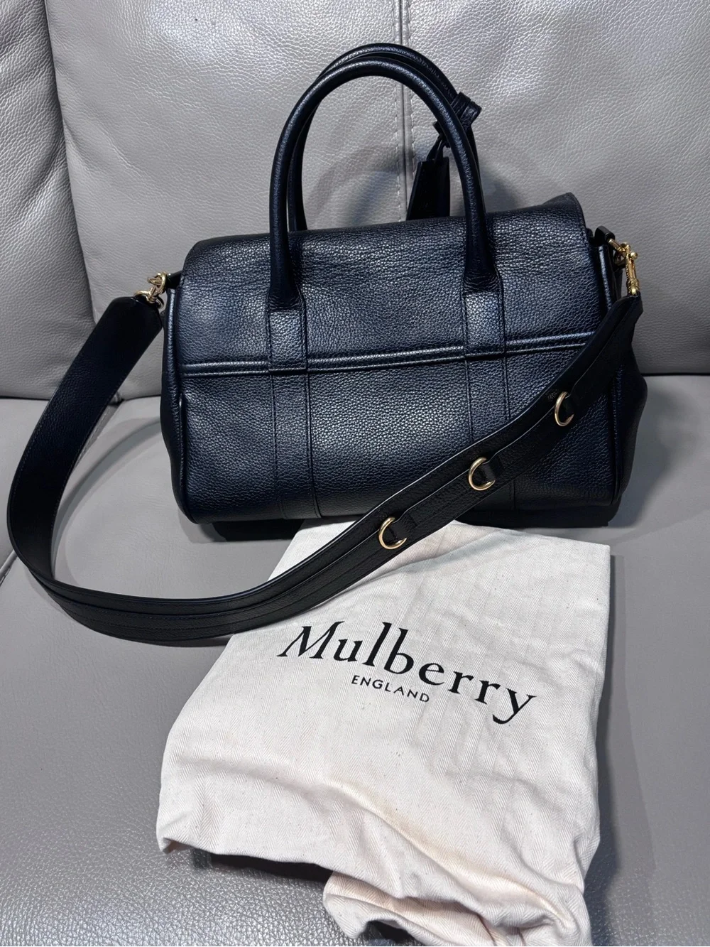 Mulberry Black Pebbled Leather Satchel with Gold Hardware and Strap
